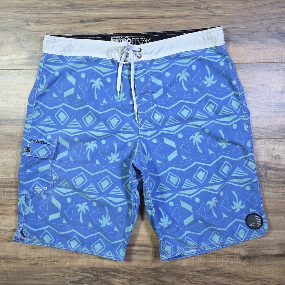 O’Neill Board Shorts Retrofreak Geometric Palm Blue 34 (Fits 36)